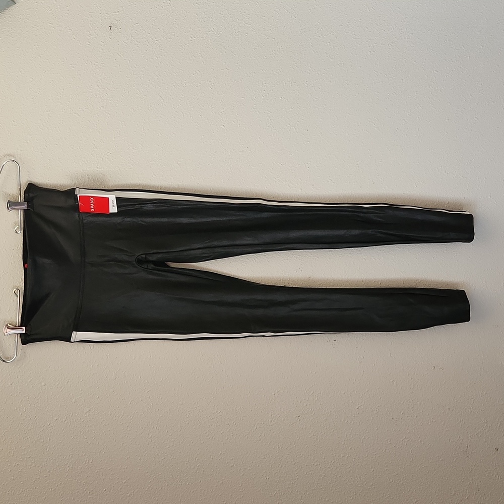 Spanx Black Faux Leather Leggings with Side Stripe Power Waistband NWT Size S